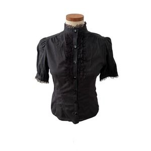 Vintage 80s Black Steampunk Victorian Gothic high neck puff sleeve top